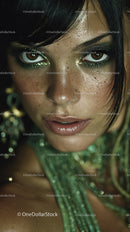 Fashion Portrait of a Woman with Bold Green Makeup and Glitter