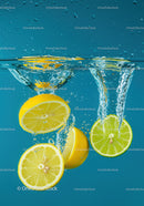 Fresh lemons and lime splashing into clear water