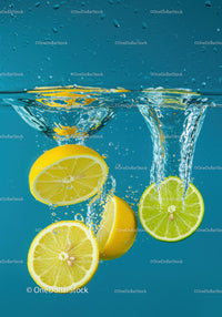 Fresh lemons and lime splashing into clear water