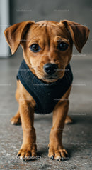Curious brown puppy wearing black harness indoors