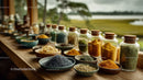 Colorful Spice Jars and Fresh Herbs on Wooden Kitchen Table