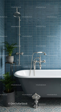 Modern clawfoot bathtub with blue tiled walls