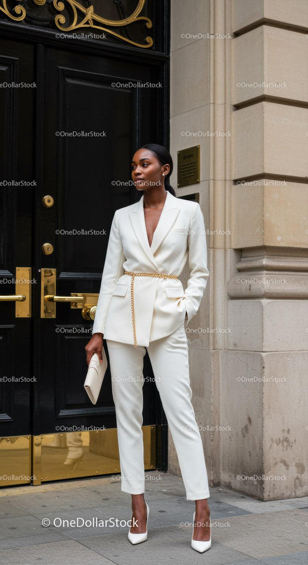Elegant woman in white suit with gold chain belt outdoors