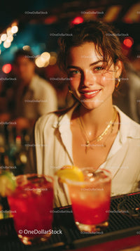 Young Woman Smiling at Nightlife Bar with Colorful Cocktails