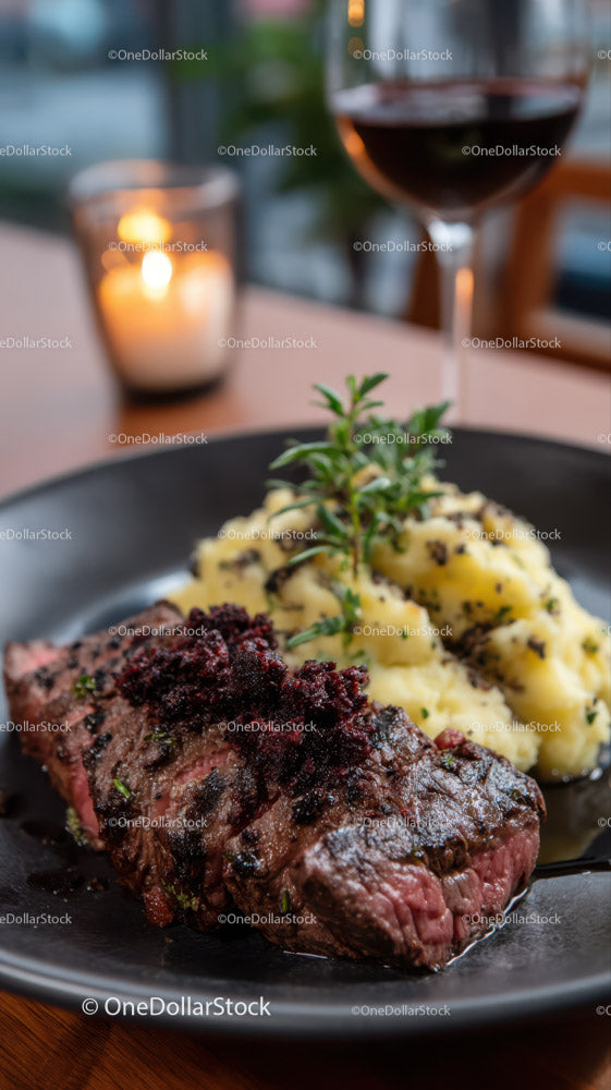 Gourmet Steak with Mashed Potatoes and Red Wine in Cozy Restaurant