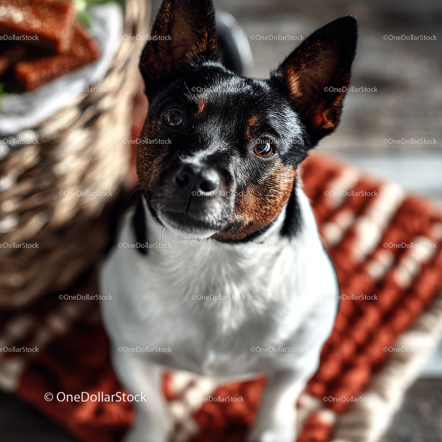 Cute Small Black and Tan Dog Looking Up with Curious Eyes