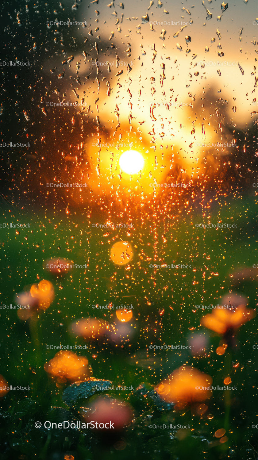 Sunset Through Rainy Glass with Rain Droplets and Warm Glow