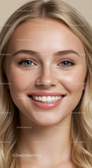 Close up portrait of smiling young woman with blue eyes