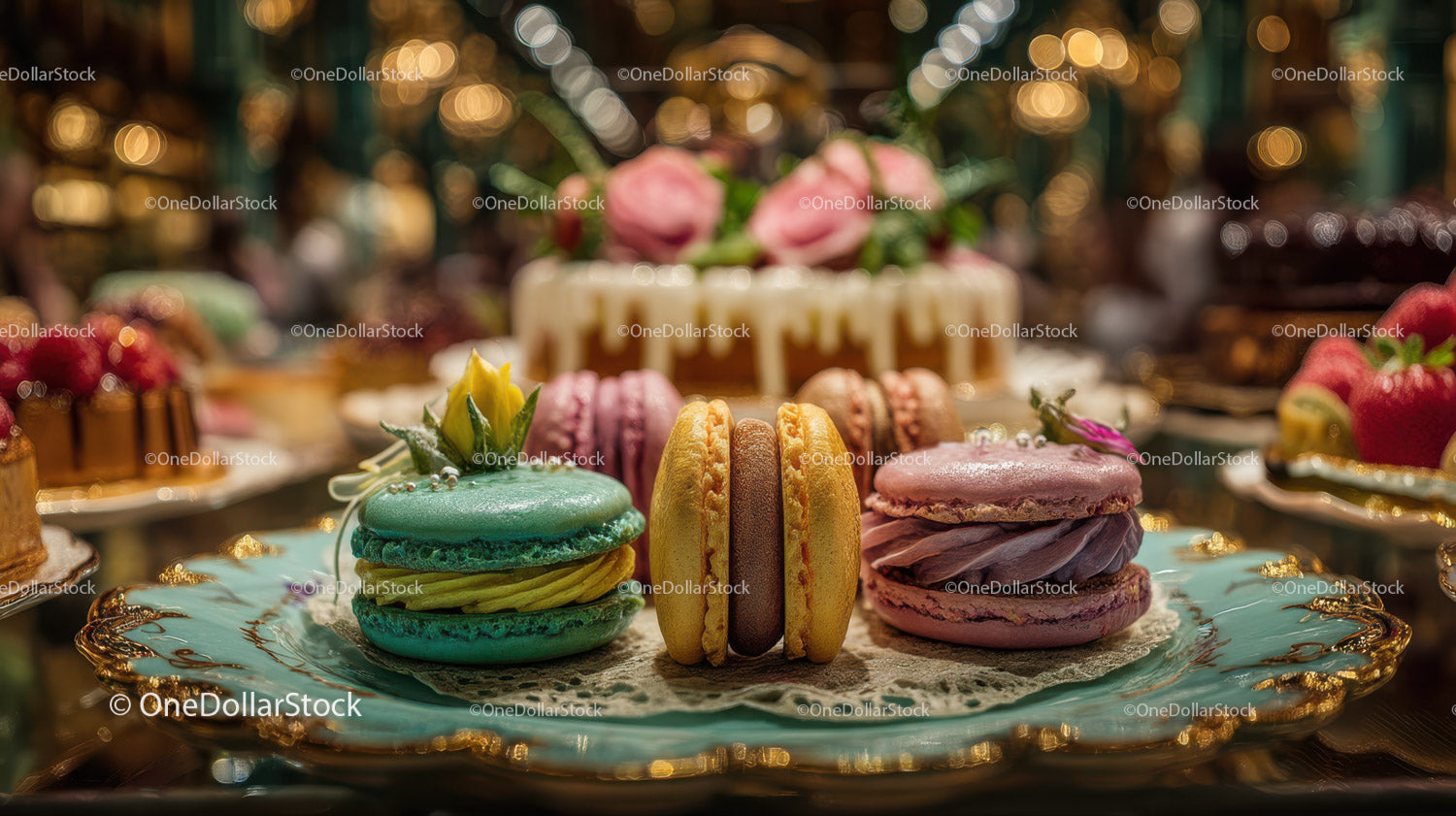 Elegant Assorted Macarons on Decorative Silver Platter in Luxurious Setting
