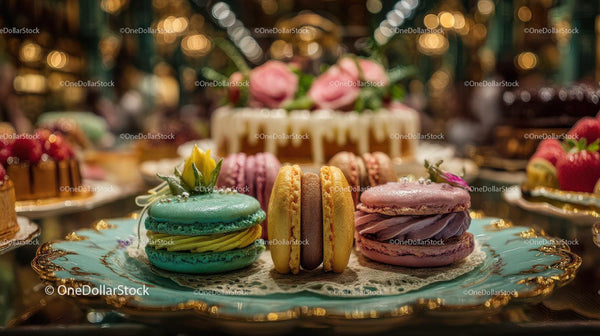 Elegant Assorted Macarons on Decorative Silver Platter in Luxurious Setting
