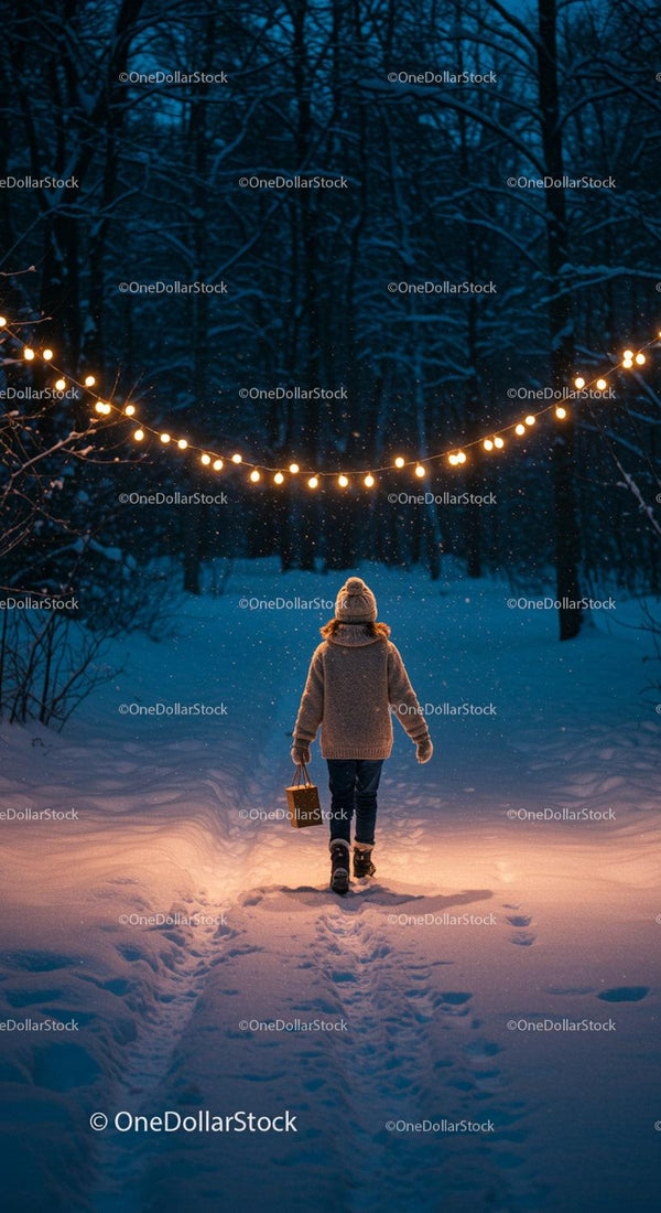 Child walking through snowy forest under warm lights