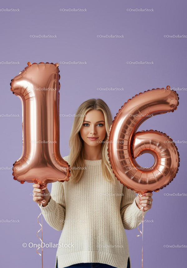 Young woman celebrating sixteenth birthday with balloons