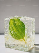 Fresh green leaf frozen inside a clear ice cube