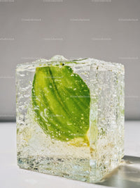 Fresh green leaf frozen inside a clear ice cube