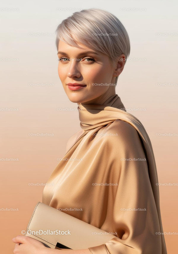 Elegancka Blondynka Modelka w Satynowej Sukience z Stylową Kopertówką