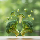 Fresh broccoli florets levitating over wooden surface