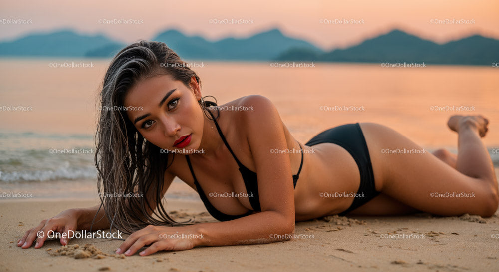 Piękna kobieta w czarnym bikini relaksująca się na plaży o zachodzie słońca