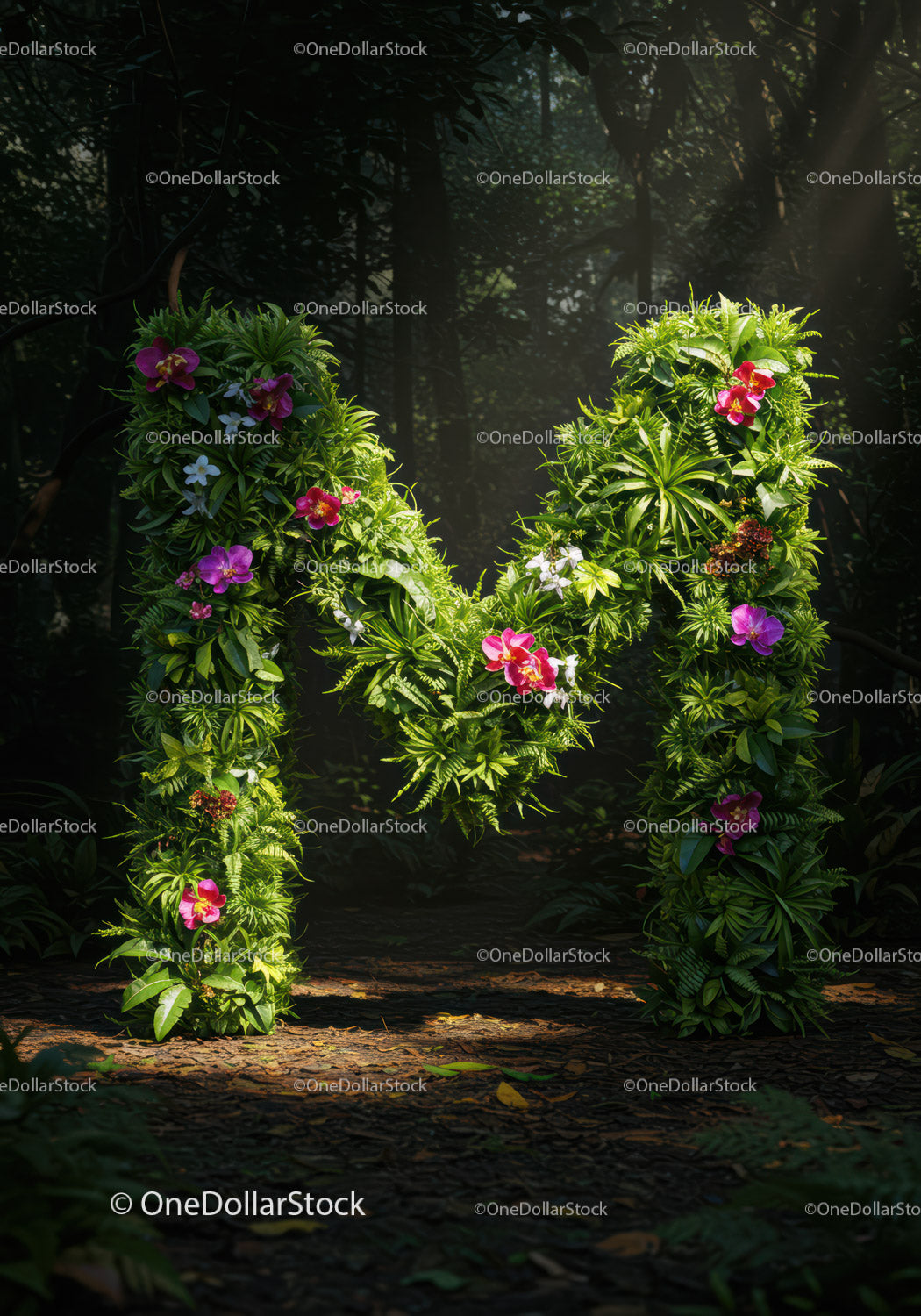 Leafy Green Letter M Decorated With Colorful Flowers