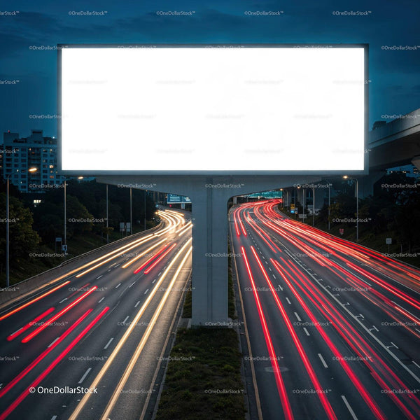 Night Traffic with Illuminated Blank Billboard Over Highway JPG Mockup Image