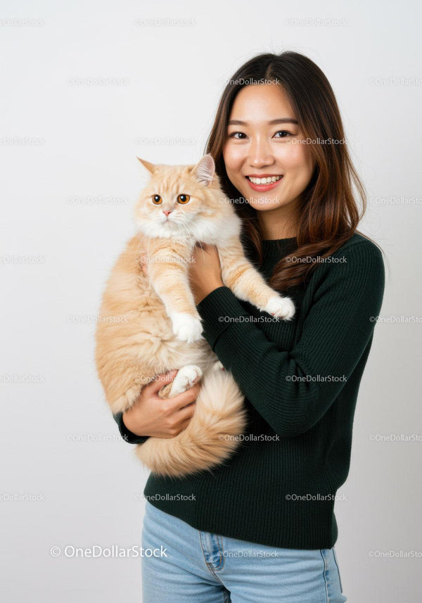 Smiling woman holding fluffy orange cat indoors