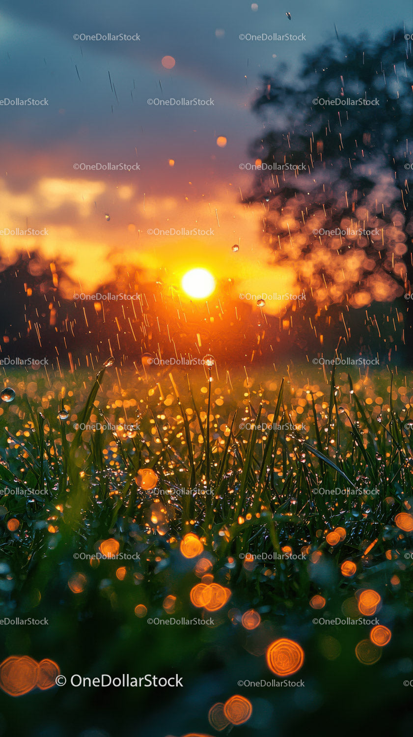 Raindrops on Wet Grass During Sunset with Dramatic Sky