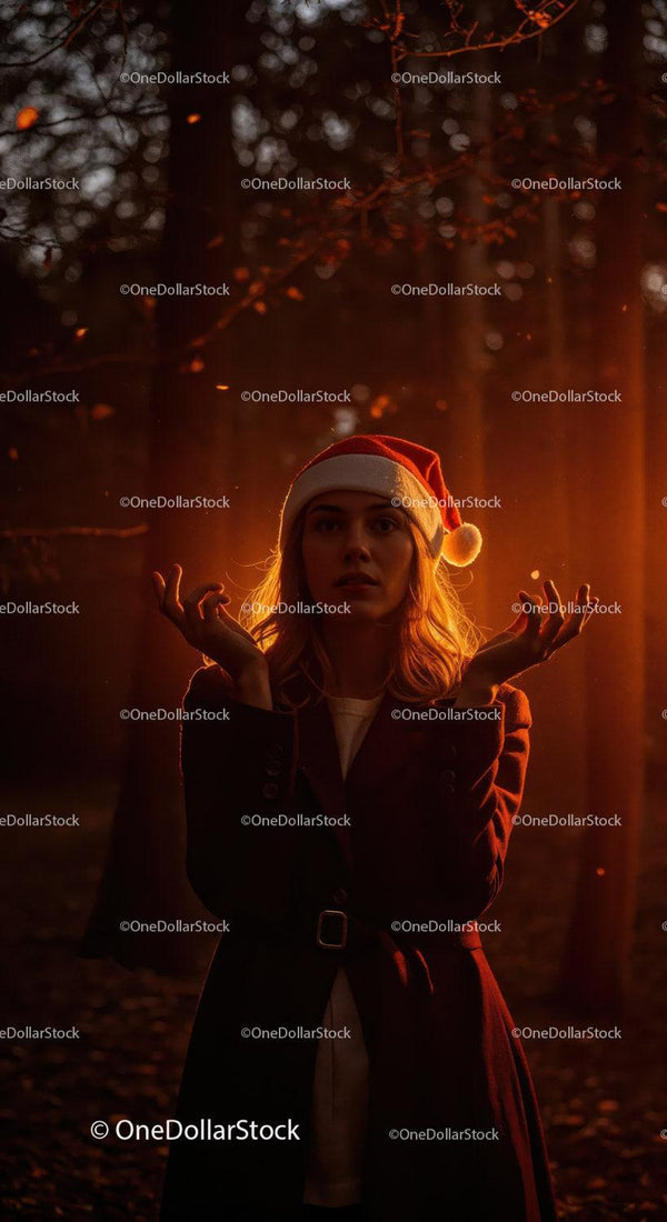Young woman wearing Santa hat in warm forest light