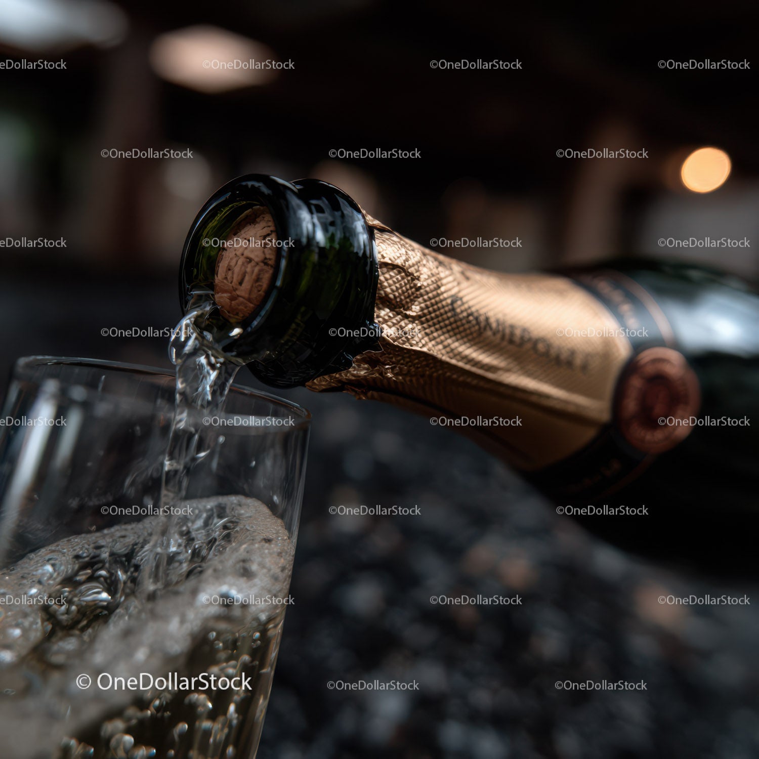 Champagne Bottle Pouring Sparkling Champagne into Glass for Celebration