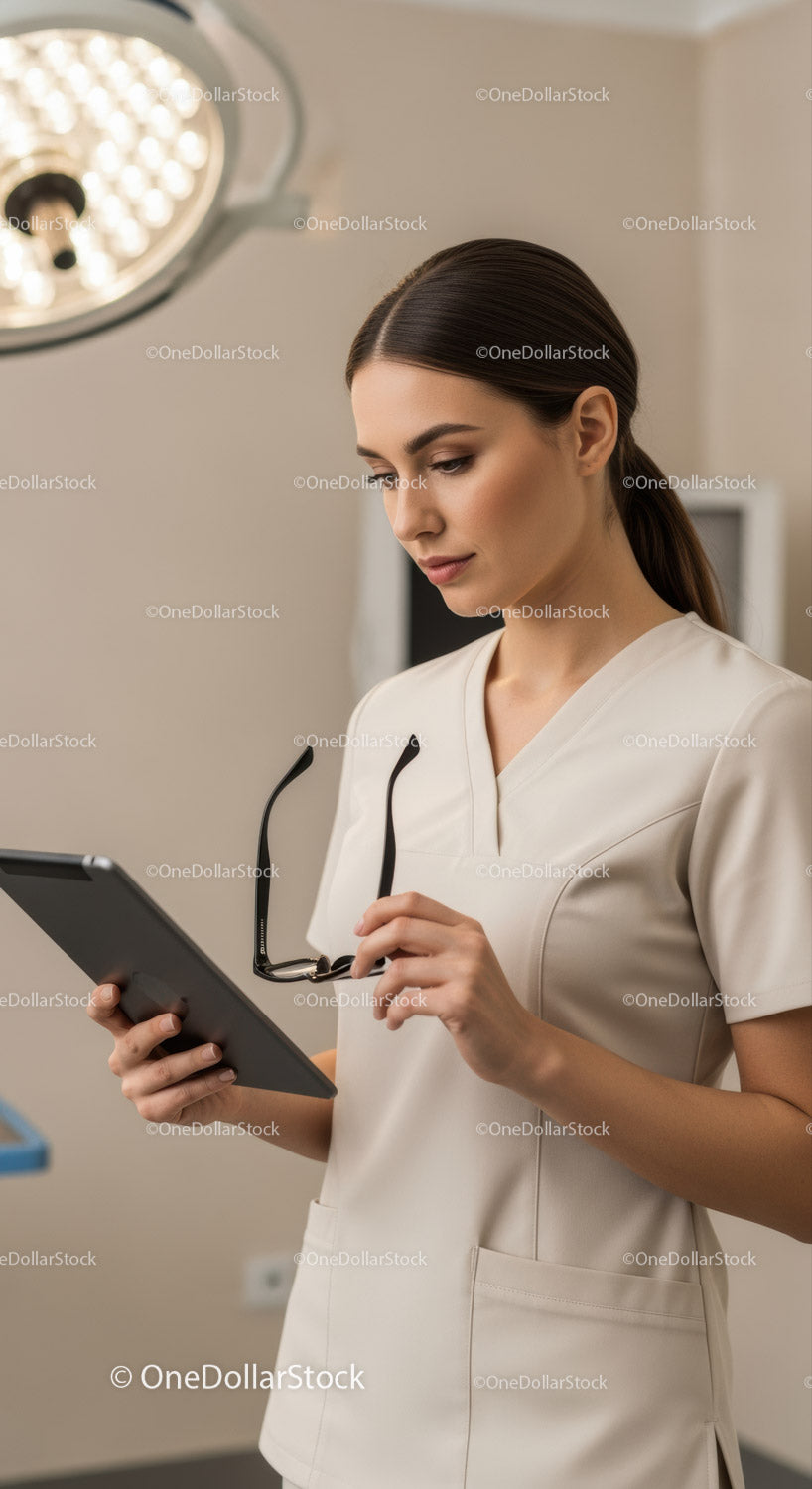 Professional Female Nurse Using Tablet in Modern Hospital Examination Room