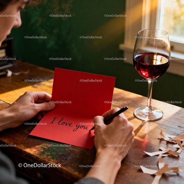 Writing a heartfelt love note on vibrant red card