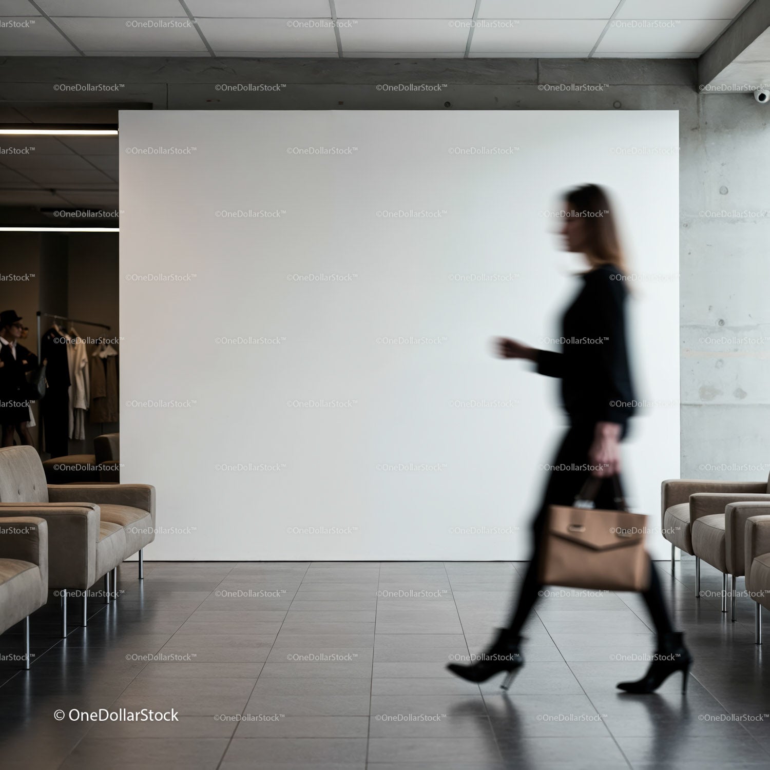 Blurred woman walking through modern minimalist lobby