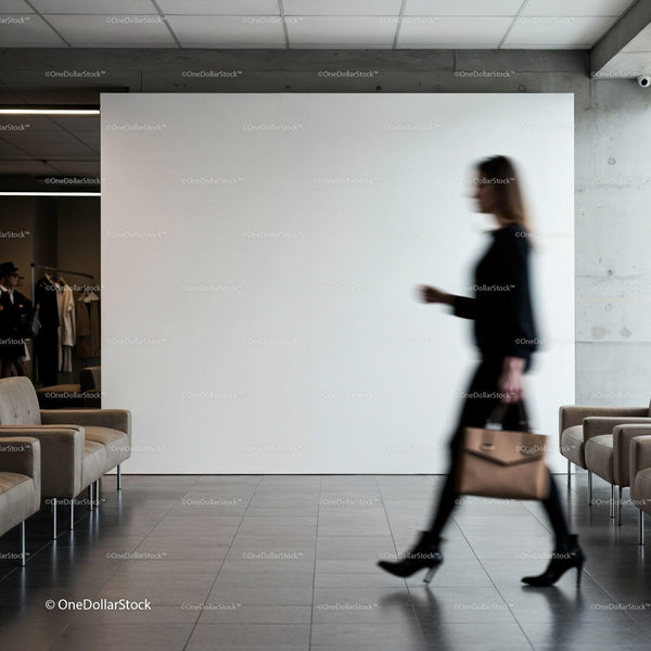 Blurred woman walking through modern minimalist lobby JPG Mockup Image