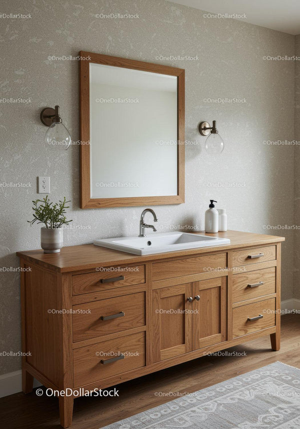 Nowoczesna drewniana szafka łazienkowa z ceramiczną umywalką i lustrem w ramie