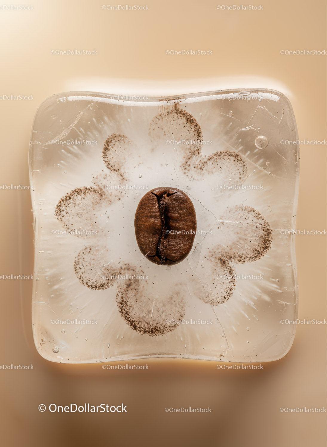 Single coffee bean frozen in a clear ice cube