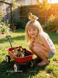Young girl smiling with ducklings in red wagon outdoors