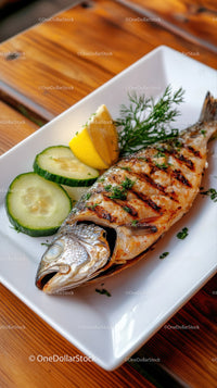 Fresh Grilled Fish with Cucumber Lemon Garnish on White Plate