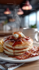 Stack of Fluffy Pancakes with Syrup and Bacon for Breakfast or Brunch