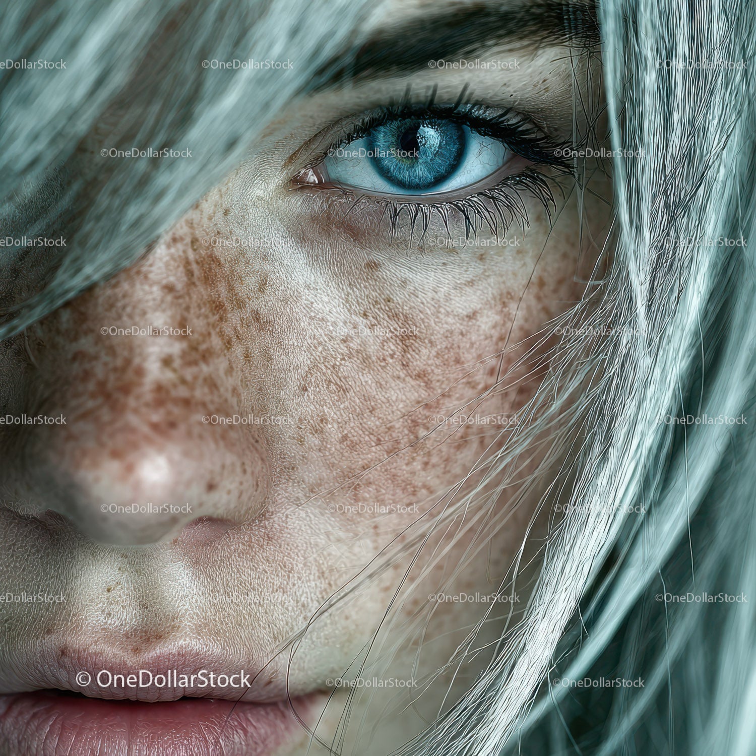 Close-up of a Woman's Blue Eye with Silver Hair and Freckles