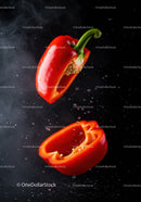 Fresh red bell pepper halves suspended in water droplets
