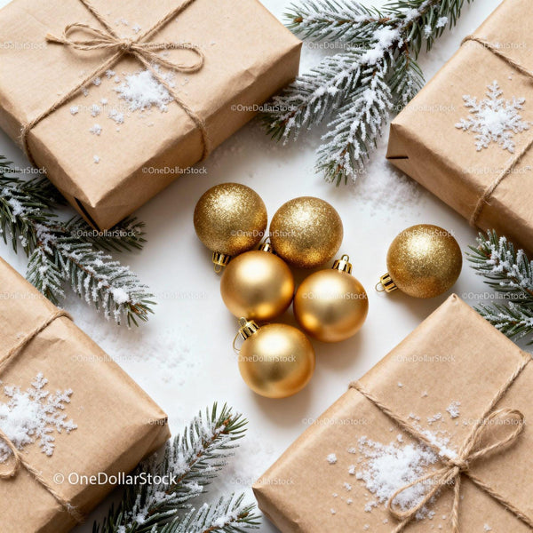 Minimalist Christmas gifts with golden ornaments and snow