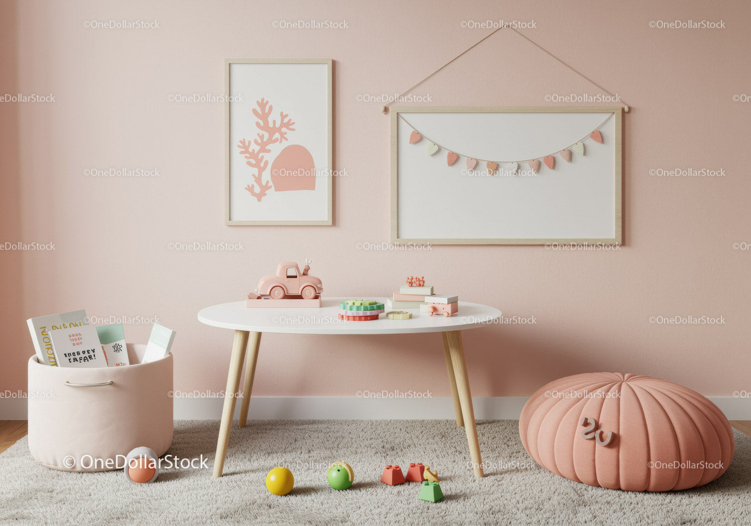 Pretty Pink Nursery Decor with Plush Pumpkin and Toy Car