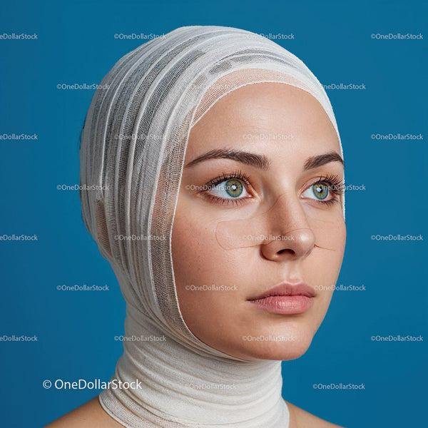 Close-up of Young Woman with Green Eyes Wearing White Bandage Headwrap