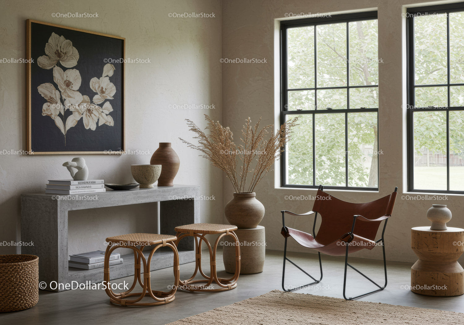 Cozy minimalistic living room with natural decor elements