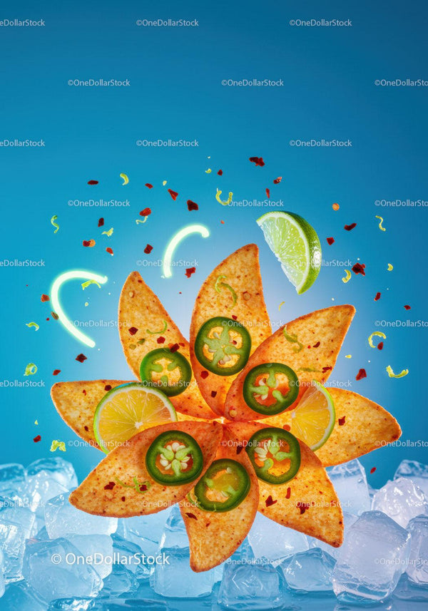 Spicy tortilla chips with jalapenos and lime slices
