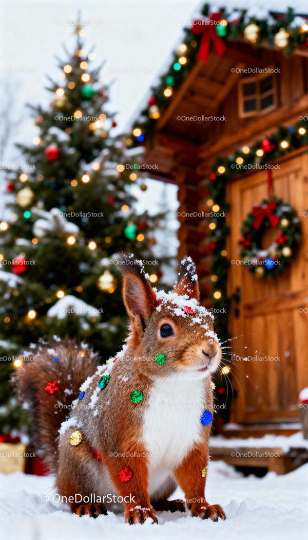 Squirrel with Colorful Christmas Ornaments in Snowy Garden