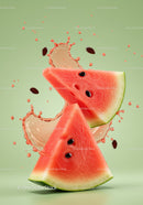 Fresh Watermelon Slices Splashing Juicy Red Drops