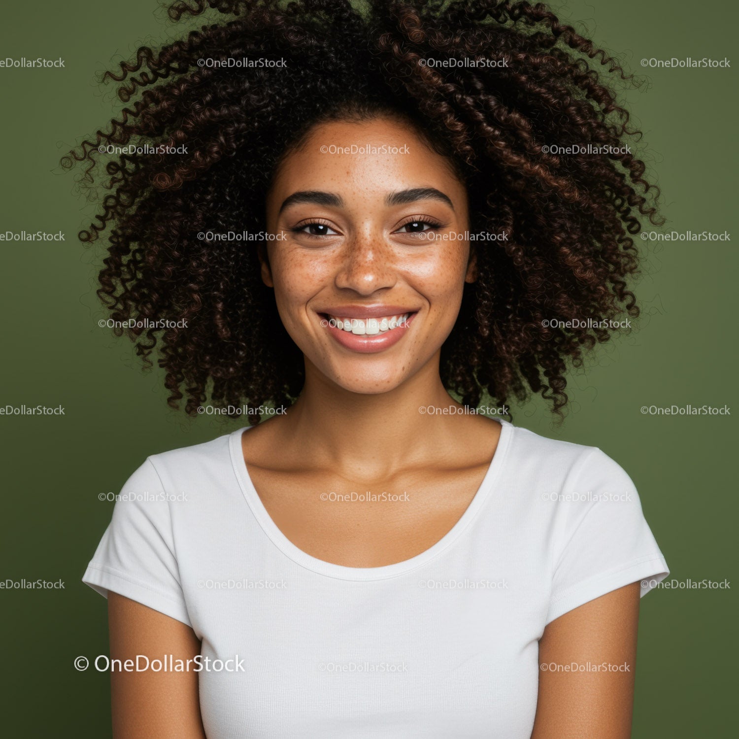 Portrait of Smiling Young Woman with Curly Hair and Freckles