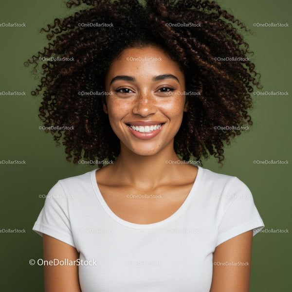 Portrait of Smiling Young Woman with Curly Hair and Freckles