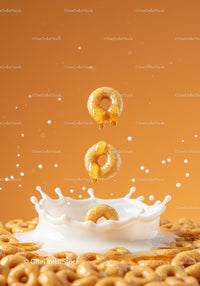 Honey coated cereal rings splashing in fresh milk