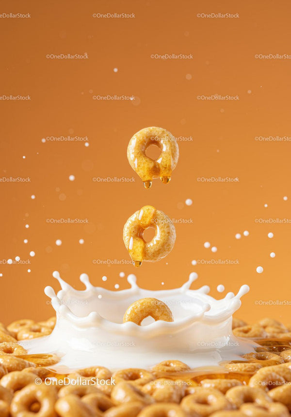 Honey coated cereal rings splashing in fresh milk