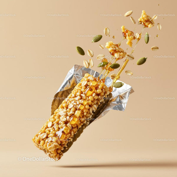 Crispy granola bar with honey and seeds pouring out